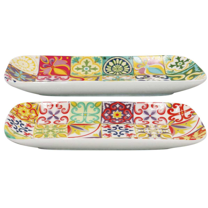 Plat rectangulaire "Zellig" en ceramique - Dim. 22 x 11.2 cm - 2 designs panaches