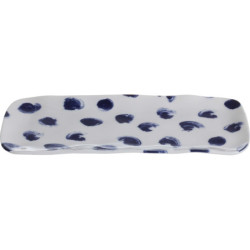 Plat rectangulaire "Indigo Mood" en ceramique Dim. 22 x 10,20 x 1,50 cm - 1 design blanc et pois bleu - A Creation