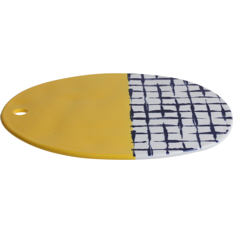 Assiette de presentation "Indigo Mood" en ceramique Dim. 32 x 25 x 1cm  quadrillage bleu, jaune - A Creation