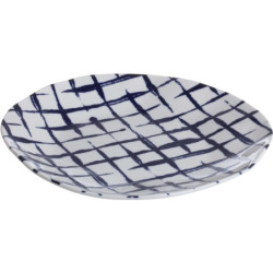 Assiette a dessert "Indigo Mood" en ceramique Diam 21 x h 2,20 cm - 1 design blanc et quadrillage bleu - A Creation