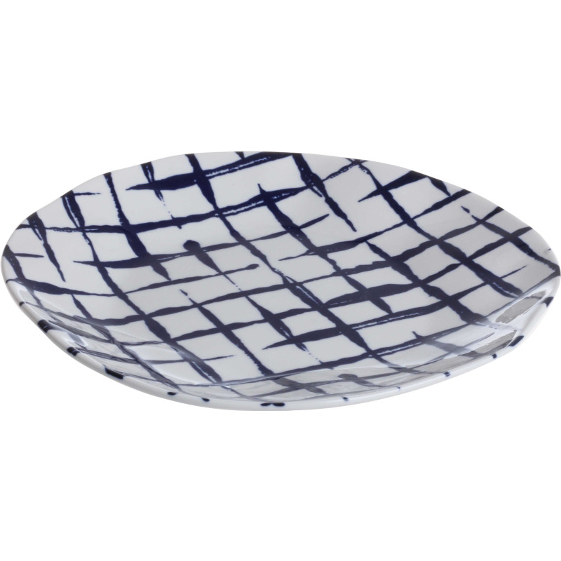 Assiette a dessert "Indigo Mood" en ceramique Diam 21 x h 2,20 cm - 1 design blanc et quadrillage bleu - A Creation