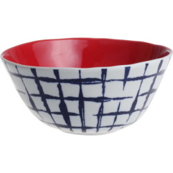 Saladier 20 cm "Indigo Mood" en ceramique - 1 design blanc et quadrillage interieur rouge - A Creation