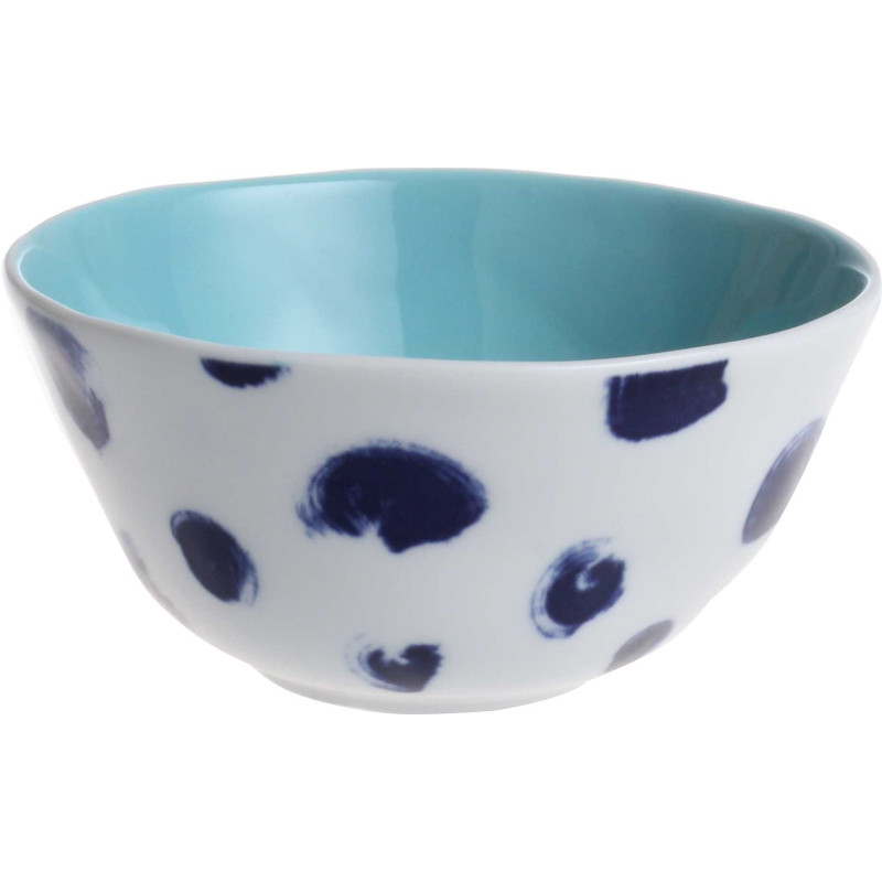 Bol 12 cm "Indigo Mood" en ceramique - 1 design blanc et pois bleu interieur bleu ciel - A Creation