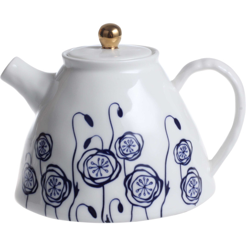 Theiere "Indigo Mood" en ceramique  1075 ml Dim. 16 x 13,8 x h 19,4 cm - 1 design blanc et fleurs bleues - A Creation