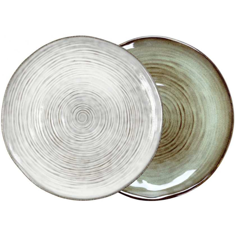 Grande assiette en gres "Cirk" Diam 27 cm - 2 Coloris panaches : blanc- gris / vert-marron - A Creation