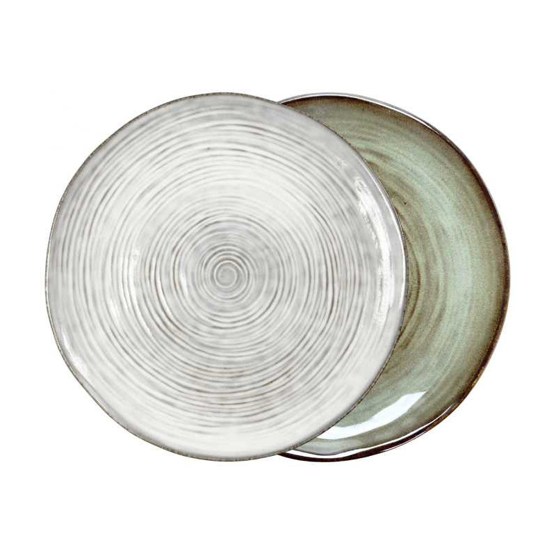 Grande assiette - Plat rond en gres "Cirk" Diam 30 cm - 2 Coloris panaches : blanc- gris / vert-marron - A Creation