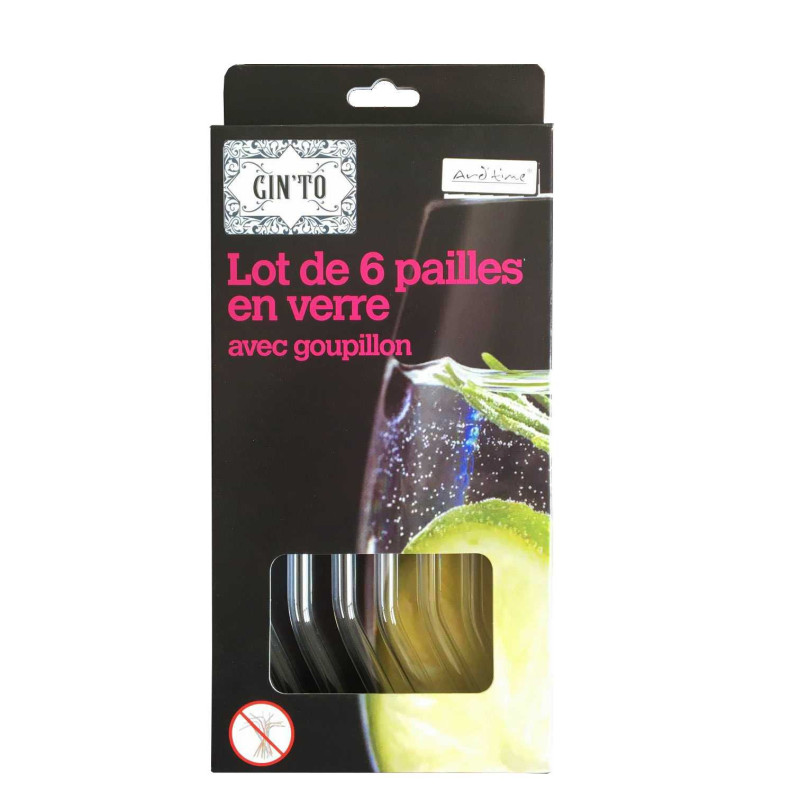 6 pailles en verre transparentes "Gin'to" - Livrees avec un mini goupillon - Diam 0.8 x 20 cm - boite  Ard'time