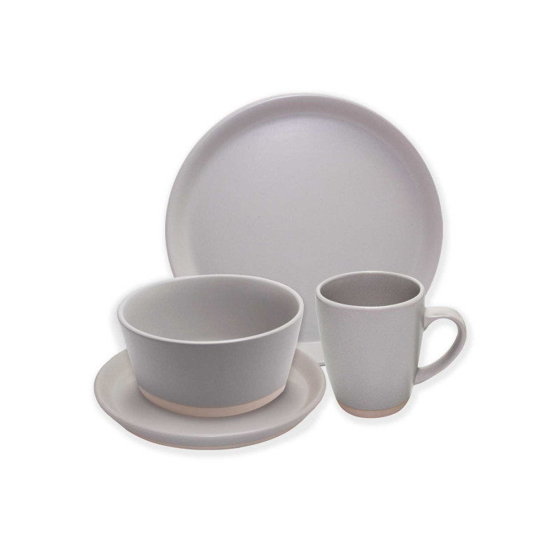 Service 16 pieces en ceramique"IKO" - 4 assiettes 26 cm + 4 assiettes 19 cm + 4 bols 15 cm + 4 mugs 340 ml gris clair Ard'time