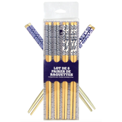 Lot de 8 paires de baguettes en bambou -DIM 22,5 CM  2 designs bleus panaches - Blue Lagoon - Boite PVC Ard'time