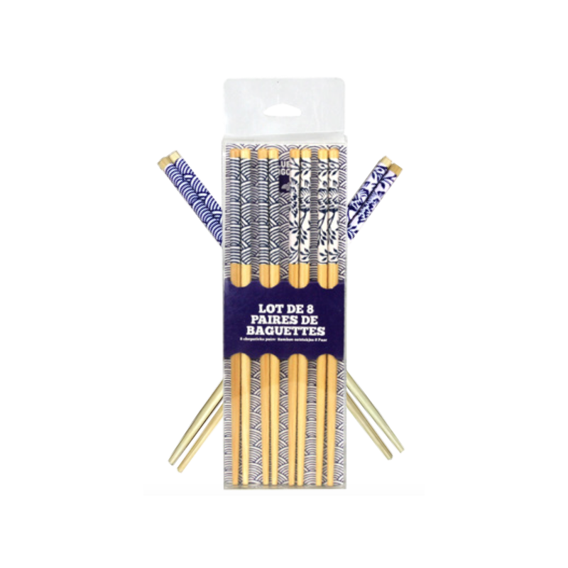 Lot de 8 paires de baguettes en bambou -DIM 22,5 CM  2 designs bleus panaches - Blue Lagoon - Boite PVC Ard'time