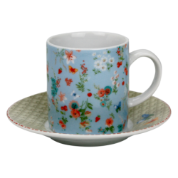 Tasse a cafe avec sous tasse "Ozio" 100  ml - Tasse : 7,7x5,5x6cm - Soucoupe : 11x1,7cm - 6 designs panaches Fleurs- Ard'time