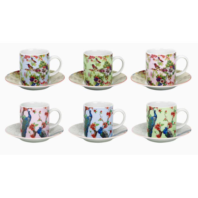Tasse a cafe avec sous tasse "Ozio" 100 ml - Tasse : 7,7x5,5x6cm 6 designs panaches Oiseaux et Paons - Ard'time