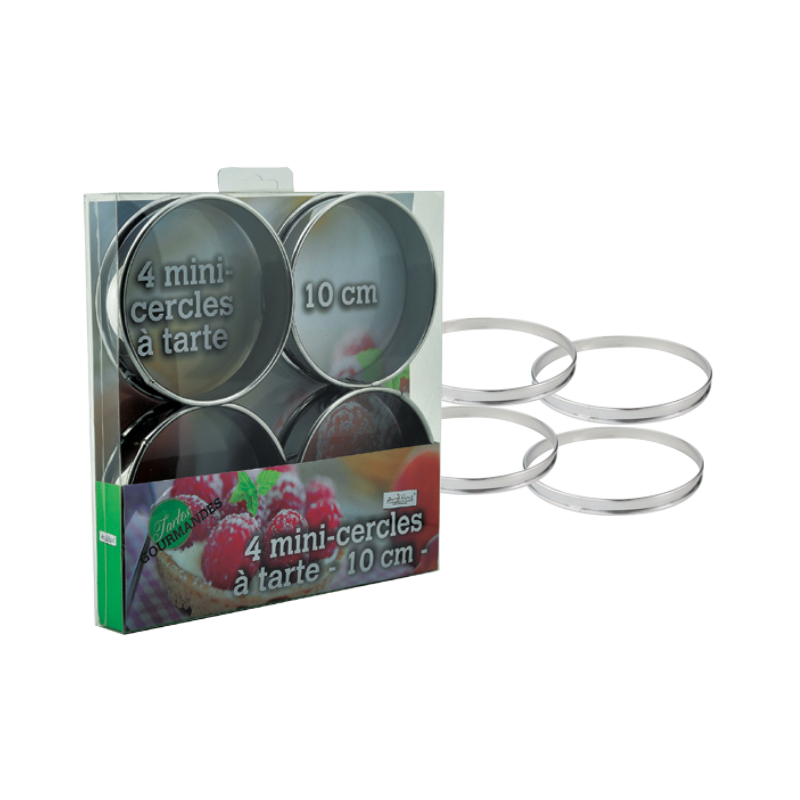 Lot de 4 cercles a tarte en inox Diam. 10cm - H. 2cm "Mes tartes gourmandes" - Boite PVC Ard'time