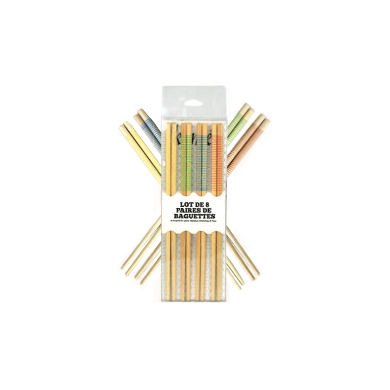 Lot de 8 paires de baguettes en bambou - 4 coloris panaches - Komae Couleur - Boite PVC Ard'time