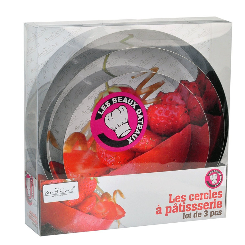 Lot de 3 cercles aÊ gateau en inox Diam. 20, 24 et 26 cm "Mes beaux gateaux" Ard'time