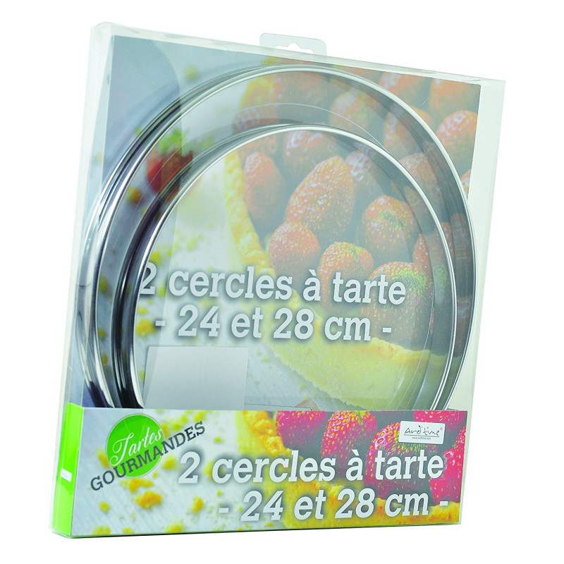 Lot de 2 cercles a tarte en inox Diam. 24 et 28cm - H.2cm "Mes tartes gourmandes"  - Boite PVC Ard'time