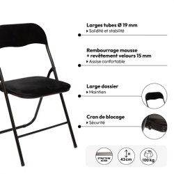 Lot de 6 chaises pliantes avec assise en velours, noir
