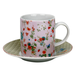 Tasse a cafe avec sous tasse "Ozio" 100  ml - Tasse : 7,7x5,5x6cm - Soucoupe : 11x1,7cm - 6 designs panaches Fleurs- Ard'time