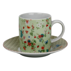 Tasse a cafe avec sous tasse "Ozio" 100  ml - Tasse : 7,7x5,5x6cm - Soucoupe : 11x1,7cm - 6 designs panaches Fleurs- Ard'time